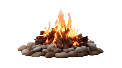 Campfire Glow: A vibrant, crackling campfire, surrounded by a ring of smooth, rounded stones, casts a warm, inviting glow. The flames dance upwards, illuminating the surrounding area. 
