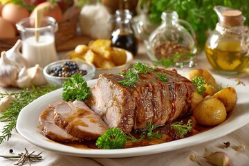 Delicious roasted pork loin recipe with potatoes and herbs for dinner party or family meal idea