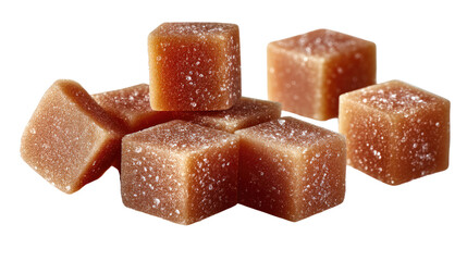 Sweet Treat Cubes: A close-up shot of a pile of attractive caramel cubes, each glistening with a fine layer of granulated sugar. The perfect depiction of sweetness