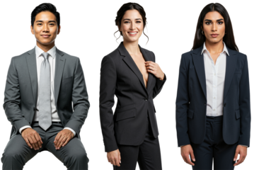 Studio portrait of three diverse young adult professionals, one Asian male in a grey suit sitting, and two females in dark suits standing, against a transparent background.