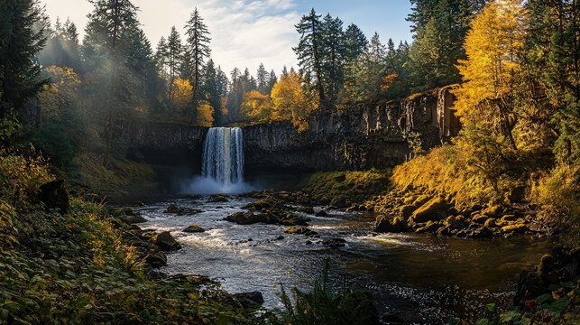 A lush forest scene with a wide waterfall flowing over rocky cliffs, the water glistening as it falls into a river surrounded by trees. - Powered by Adobe