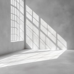 Fototapeta premium Minimalist interior with sunlight casting shadows through window on wall in empty white room studio shot