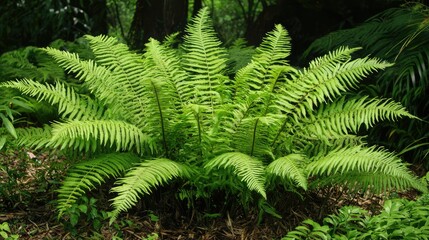 A lush patch of ferns along the base of towering trees in the temperate rainforest, their fronds reaching out in all directions, bathed in soft light.