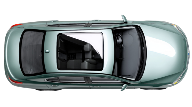 Top View Car: The sleek design of a modern car, showcasing its panoramic sunroof, tinted windows, and sophisticated lines from a top-down perspective, capturing a sense of luxury and design.