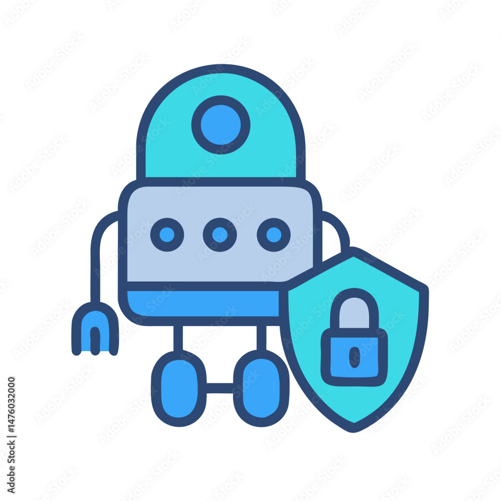 Poster data security robot with shield and padlock symbol icon