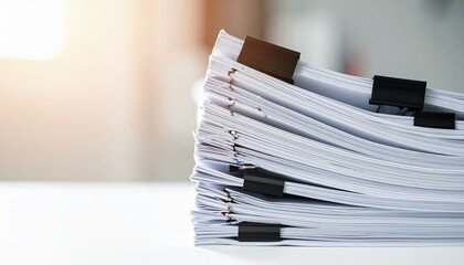 A neatly organized stack of various documents, including reports and forms, resting on a clean surface, showcasing a professional workspace.