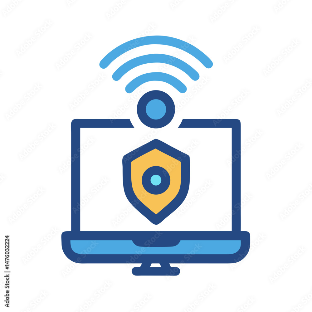 Poster laptop with wifi symbol and shield for internet security