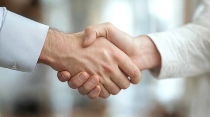 Handshake of Agreement: A close-up shot captures a firm handshake between two individuals, symbolizing trust, agreement, and partnership in a professional setting.