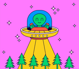 Happy green alien character piloting a flying saucer UFO with a glowing beam directed at a forest of evergreen trees cartoon vector illustration for sci-fi themes, or fun extraterrestrial