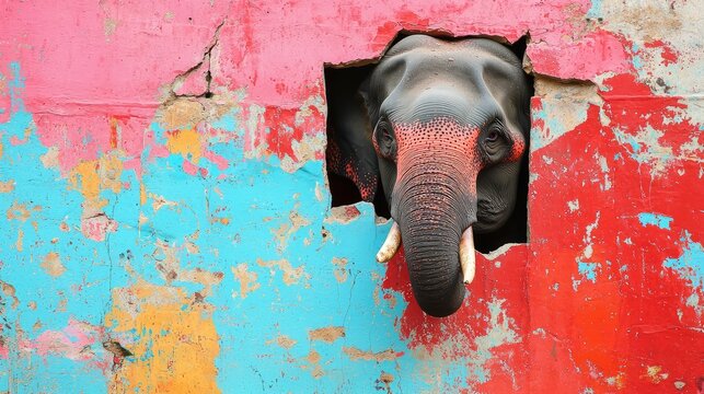 A majestic elephant peeking from behind a colorful wall, with each shard of the broken surface painted in bright, energetic hues of red, pink, and blue.