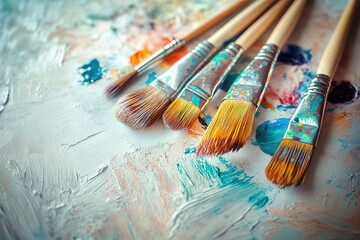 Fototapeta premium A close-up view of paintbrushes resting on a colorful palette, showcasing vibrant hues and textures