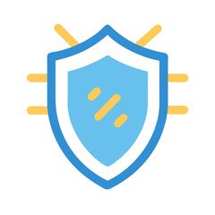 Blue shield icon with yellow accents on black background