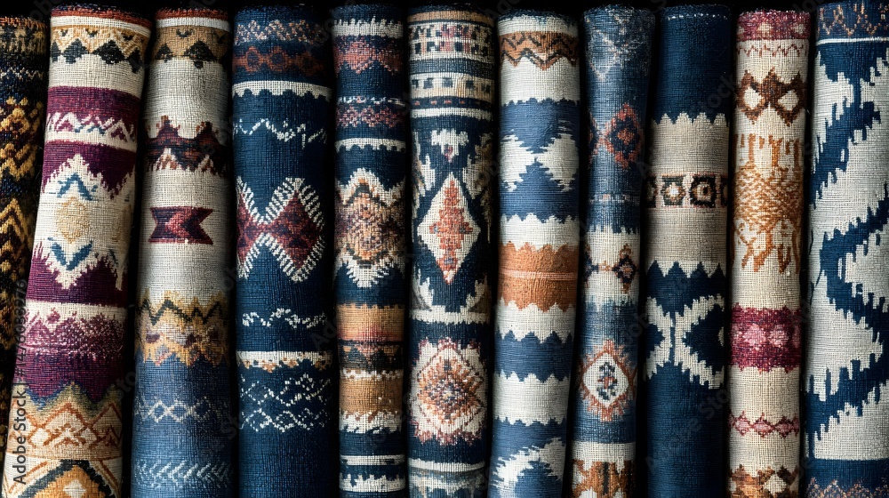 Poster colorful rolled-up textiles, showcasing intricate patterns and various colors.