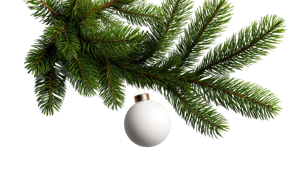 Evergreen Ornament: A solitary, pristine white Christmas ornament dangles delicately from a lush evergreen branch, evoking the quiet beauty and gentle anticipation of the holiday season.