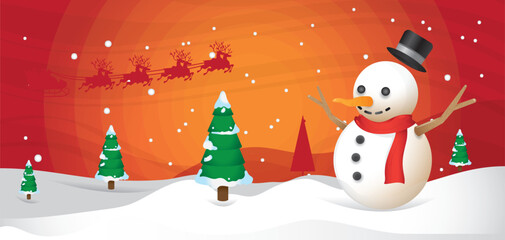 Christmast Background Banner with Snowman and tree
