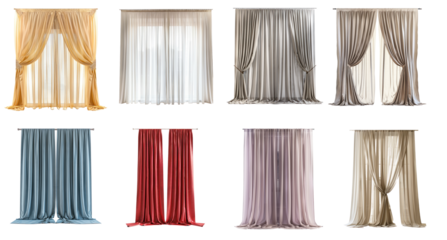 Collection of Modern Curtains side view full length isolate on white background,