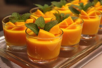 Catering menu for pudding desserts featuring fresh mango ideal for special events like weddings and birthdays