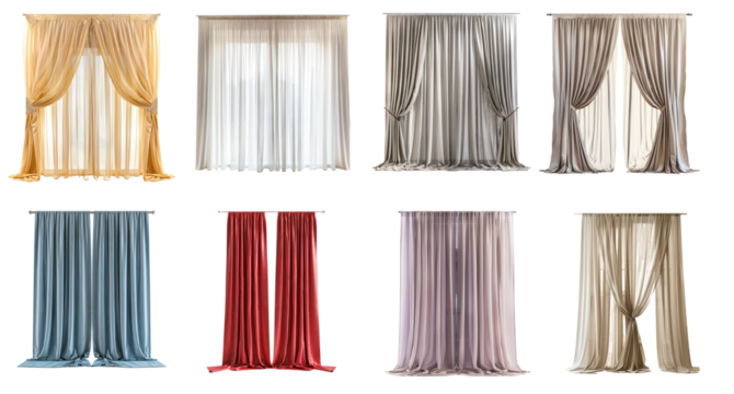 Collection of Modern Curtains side view full length isolate on white background,