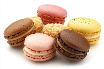A colorful assortment of macarons arranged artfully on a white background, showcasing various flavors