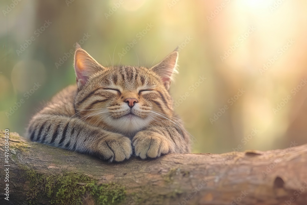 Poster a content tabby cat peacefully resting on a tree branch in a sunlit forest setting