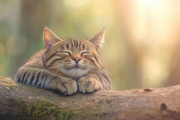 Fototapeta premium A content tabby cat peacefully resting on a tree branch in a sunlit forest setting
