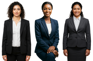 Studio portrait of three diverse young adult businesswomen smiling confidently in professional attire against a transparent background