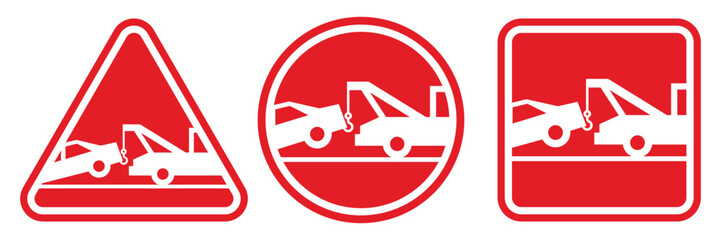 Towing sign set. Truck towing car service signage, signboard, sign, icon, logo. No parking, tow away zone, private parking, towing enforced. Vector Illustration.