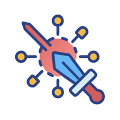 Sword piercing a sphere with connecting nodes graphic illustration