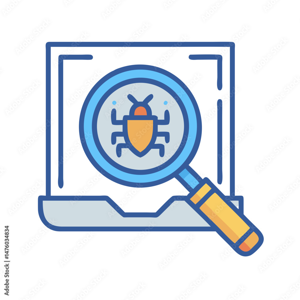 Poster computer bug detection, magnifying glass, software analysis concept icon