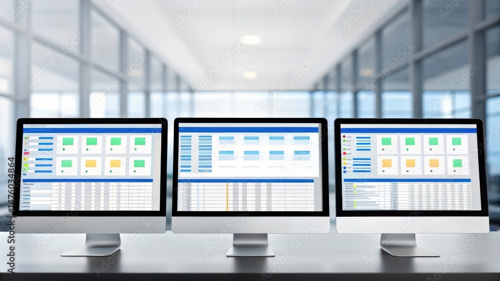 Poster three computer monitors display data dashboards in a modern office with glass walls and bright natur