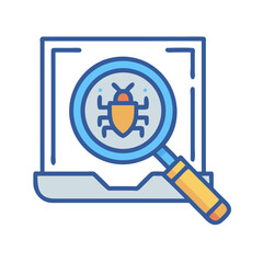 Computer bug detection, magnifying glass, software analysis concept icon