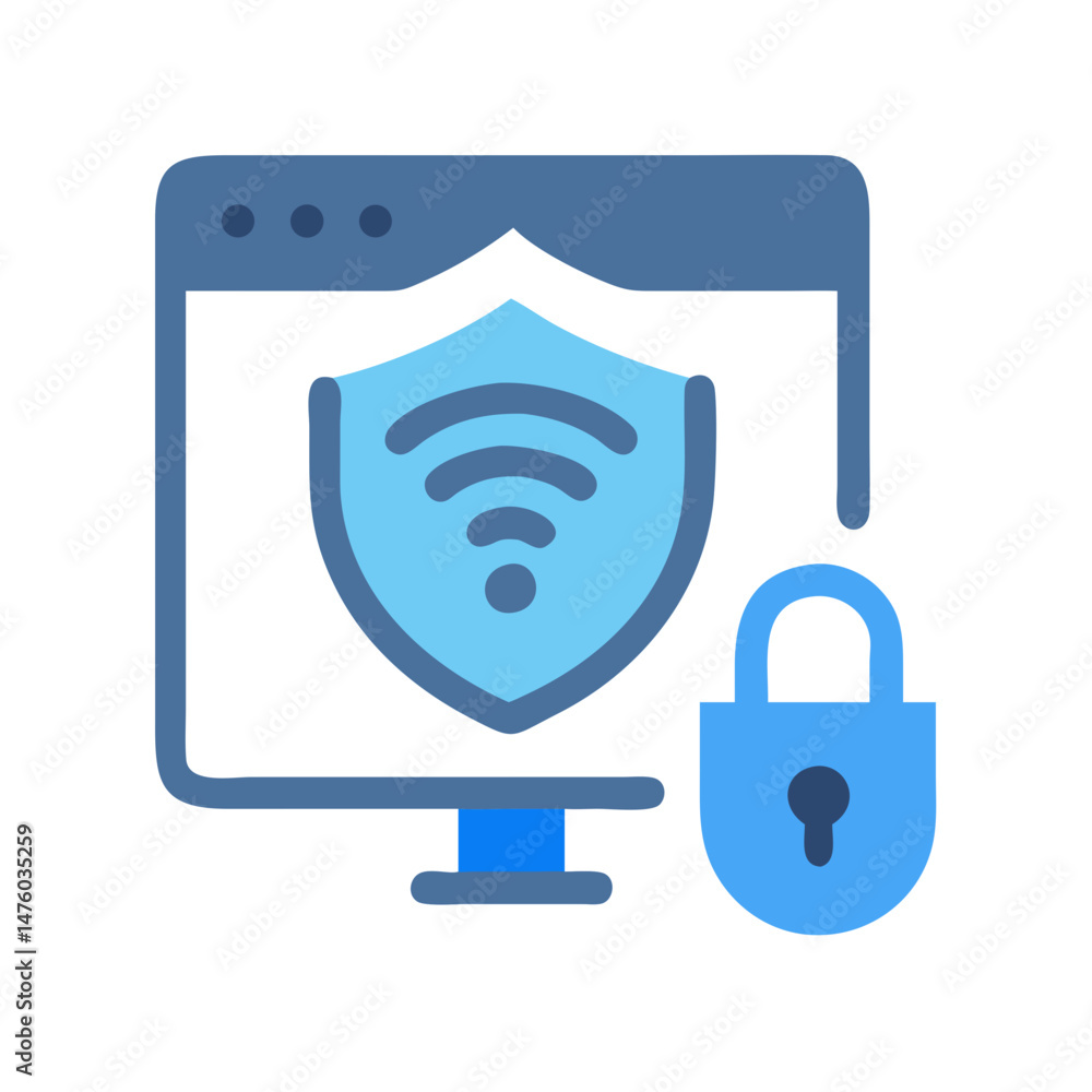 Poster computer security with wifi symbol and blue padlock icon