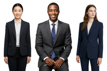 Studio portrait of a diverse group of three business professionals, including an Asian woman, a Black man, and a Caucasian woman, wearing formal suits against a transparent background.