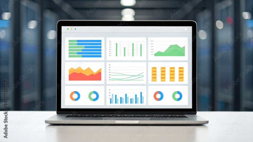 Poster a laptop displays colorful data charts and graphs on its screen in a modern office setting.