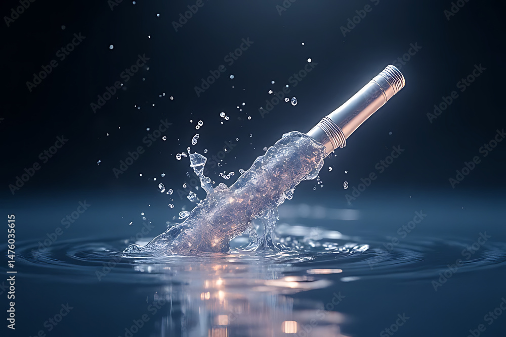 Poster dynamic water splash with metallic object studio photography low light close-up fluid motion