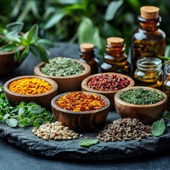 Fototapeta premium Colorful array of dried herbs and spices