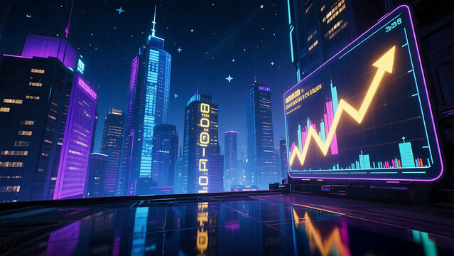 Neon Markets: Futuristic Finance in a Glowing City - Powered by Adobe