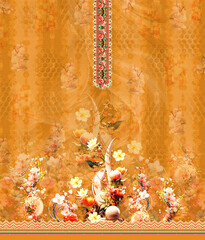 Elegant Floral Print for Women’s Kurti Design with Ornate Neckline and Digital Embroidery Elements 