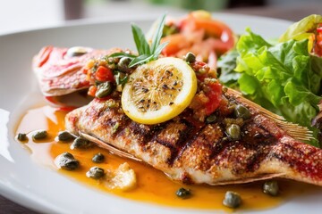 Charred red snapper in burnt butter with capers tomato and lemon sauce Fresh seafood meal at a restaurant in Phuket Thailand