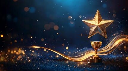 Award ceremony backdrop with golden star and trophy