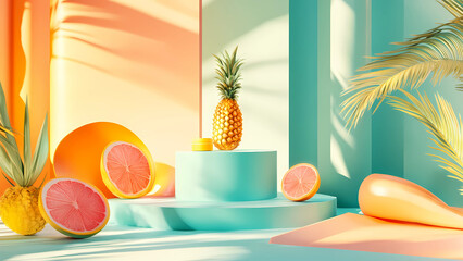 Create a vibrant summer-themed podium set up for a product promotion, with bright colors, tropical decorations, and a refreshing beach vibe, attracting attention with bold signage and a sunlit 