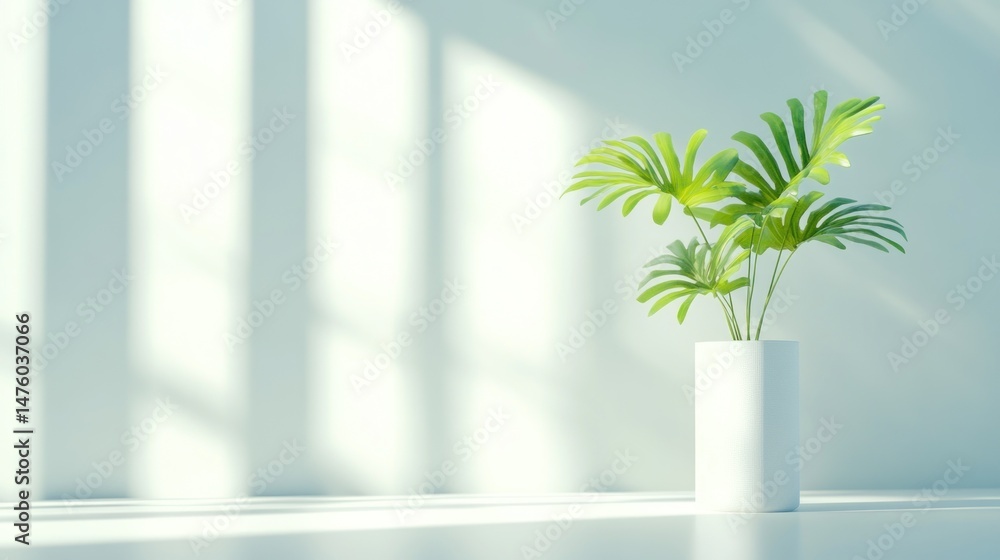 Poster minimalist interior with a potted plant. sunlight streams through windows, casting soft shadows on a