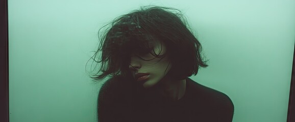 A woman gazes downward, her dark hair disheveled, against a soft, light green backdrop
