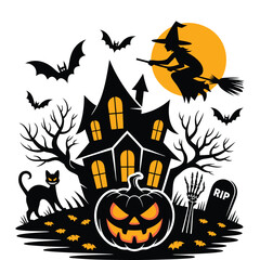 Halloween scene with witch and haunted mansion