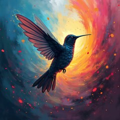 Fototapeta premium Bright Paint Swirls Forming a Hummingbird Silhouette – Vibrant Artistic Animal Concept