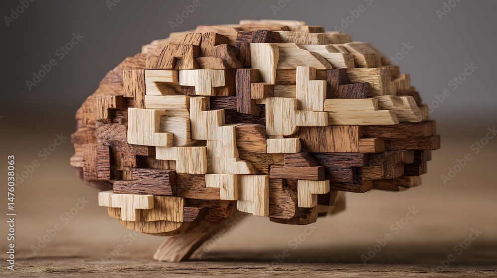 Aufkleber brain shape made from wooden puzzle blocks, logical thinking side of the brain