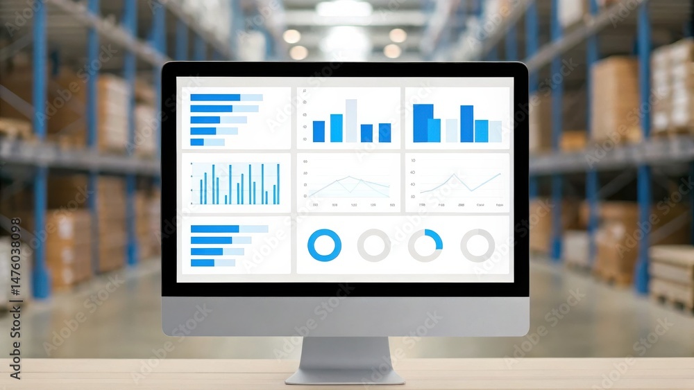 Poster a computer monitor displays data analytics dashboards in a warehouse, highlighting inventory and log