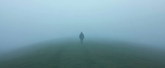 Figure walks through dense fog on a grassy hill
