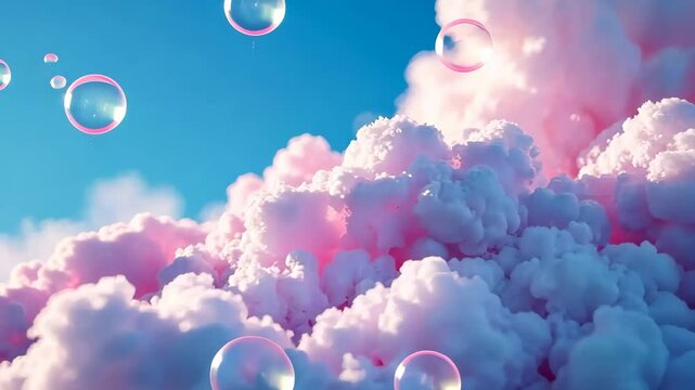 Colorful fluffy clouds with translucent bubbles floating in a bright blue sky, creating a dreamy and whimsical atmosphere for creative projects and visual storytelling. Generative 4k video