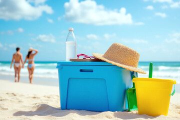blue cooler sitting on top of a sandy beach